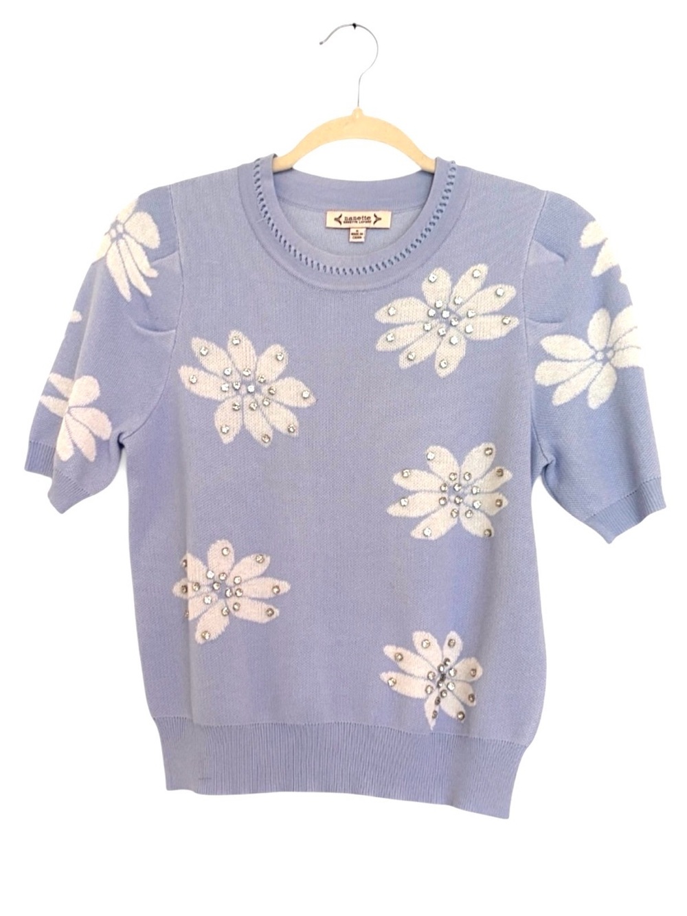 NWT Nanette Light Blue floral and rhinestone Knit Top